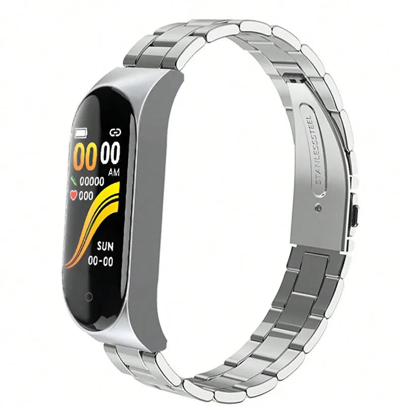 Smart bracelet with stainless steel wristband, touch button, heart rate and blood pressure monitoring, shown in black gold silver pink
