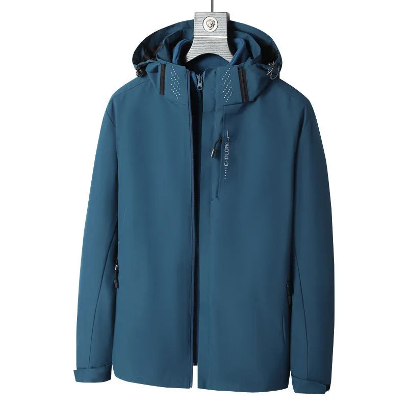 Men's black waterproof mountaineering jacket and trouser set with removable fleece lining