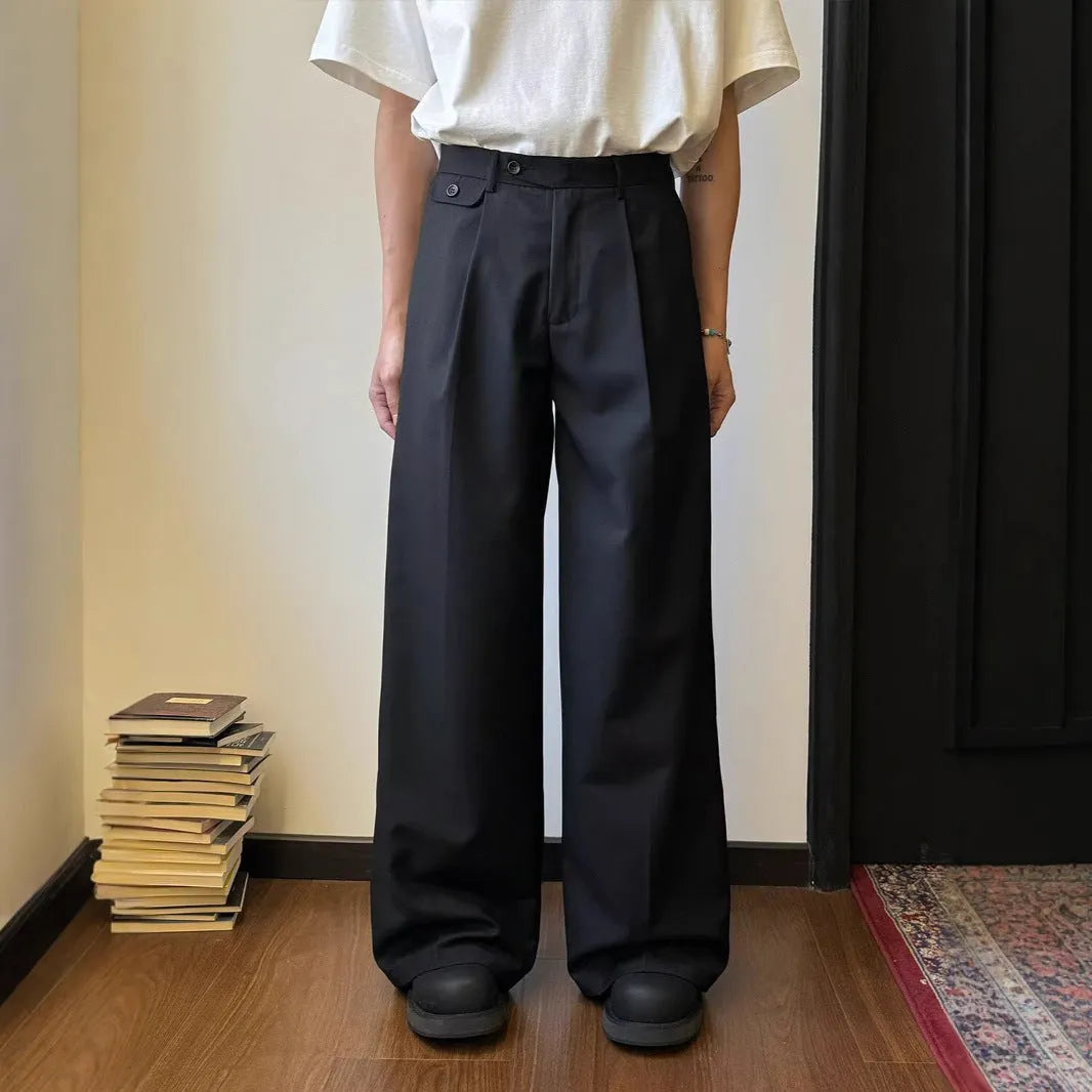 Men's straight loose wide-leg casual suit pants in black or brown draping polyester blend fabric