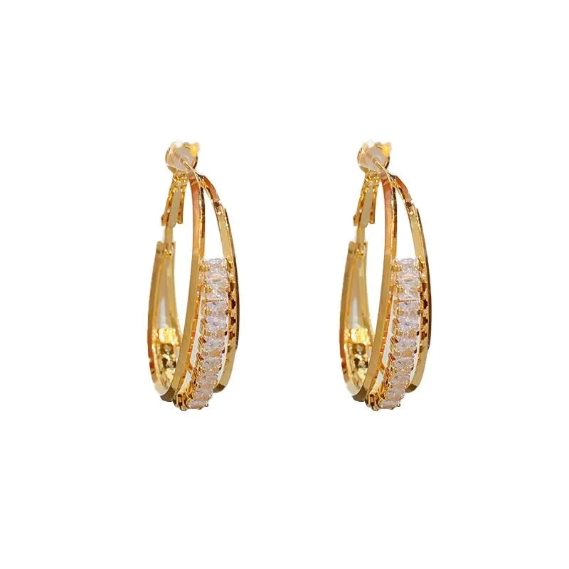 Thick gold plated copper zircon oval ear ring for women with geometric shape and round popular element