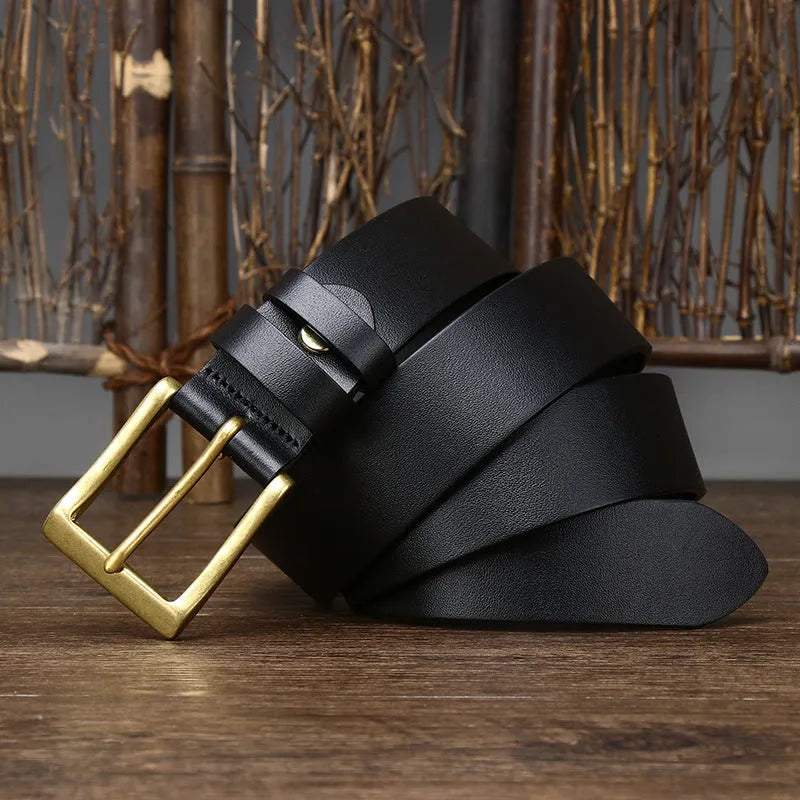 Men's genuine leather pin buckle belt in brown with copper buckle on white background