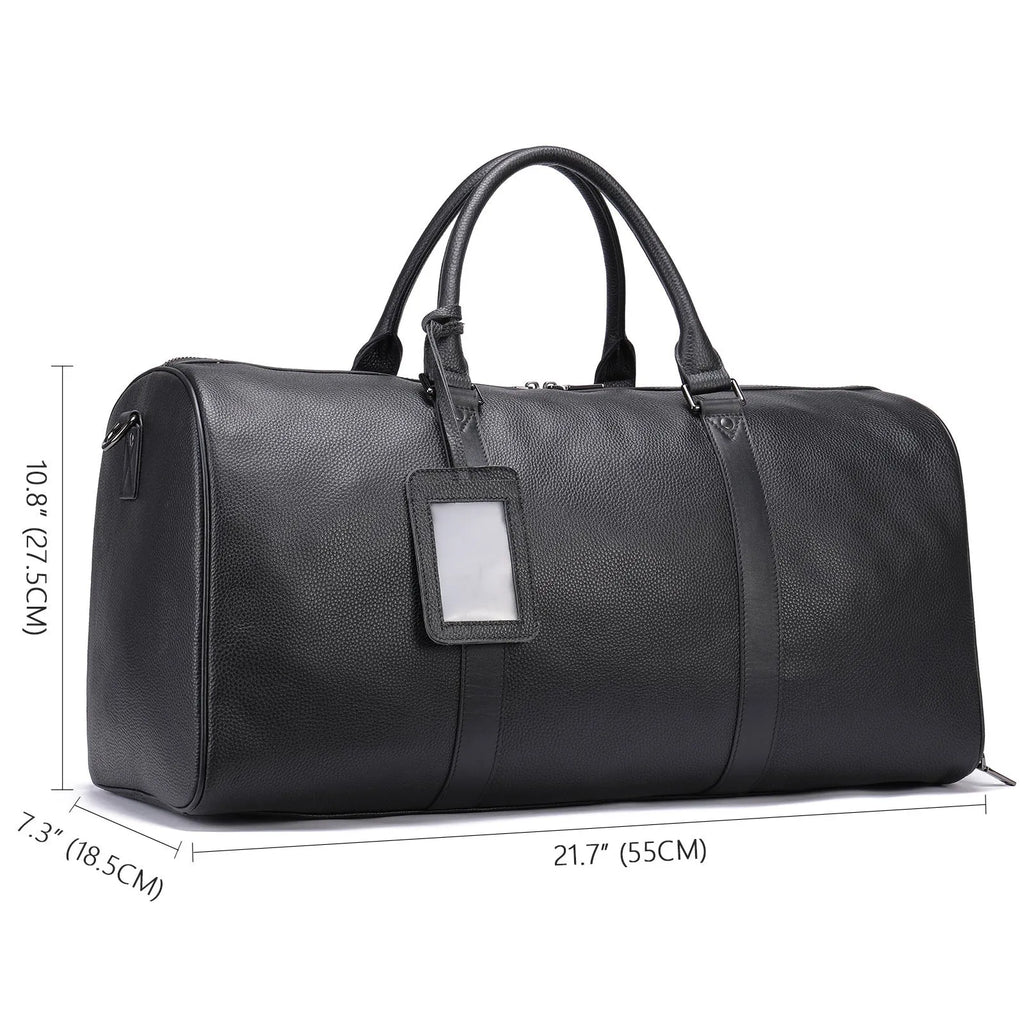Men's black leather excursion bag showing single strap and large capacity design
