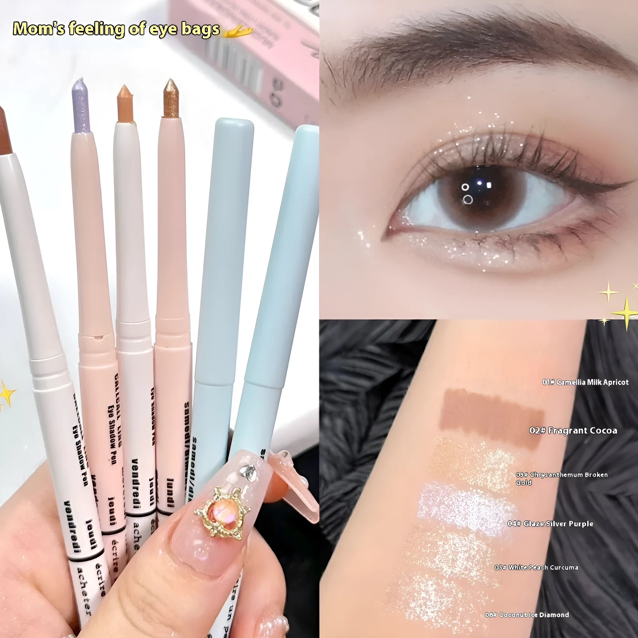 Waterproof and sweat-proof 2-in-1 eyeliner pen showing range of 15 colour shades including gold, purple, silver and brown