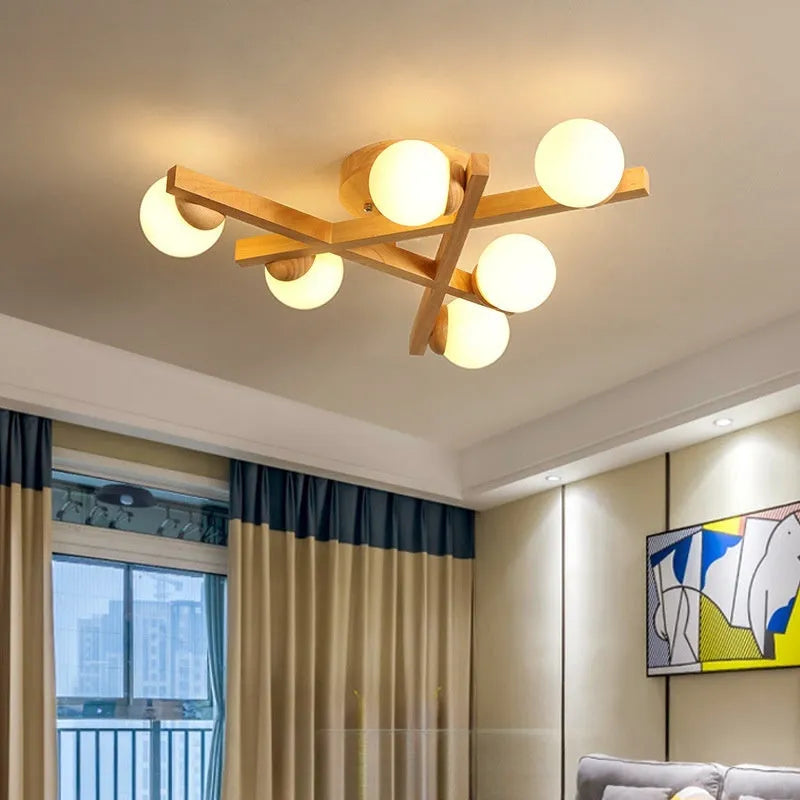 Wooden style modern Nordic ceiling light fixture with three neutral light heads