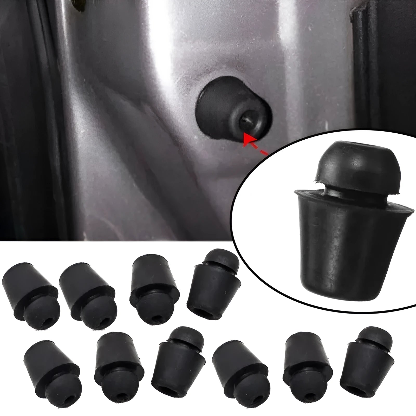 Set of 10 grey rubber automobile buckle buffer clips for general vehicle shock absorption.