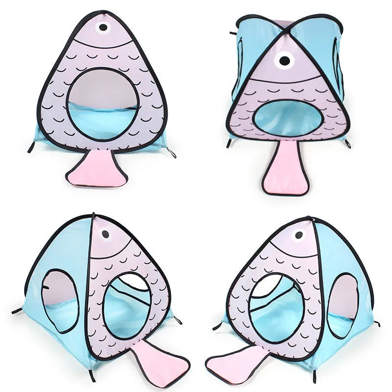 Foldable grey cat tent and tunnel toy with colourful cat and fish pattern graphics.