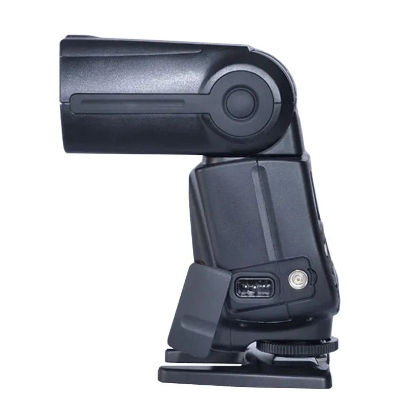 Black universal camera on-board flash with rotatable head, compatible with Canon and Nikon cameras, 58 GN