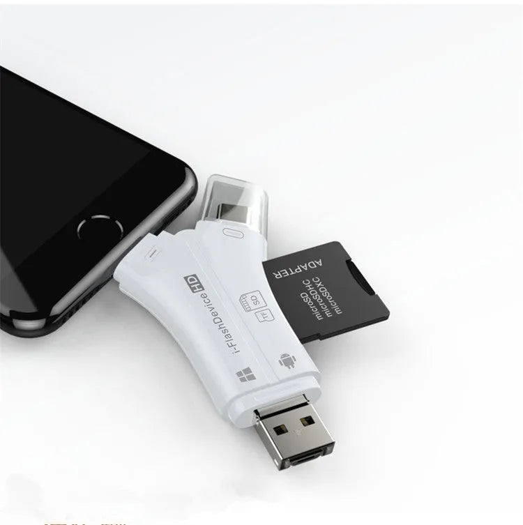 4 in 1 USB 2.0 SD TF memory card reader in white, gold or black ABS housing