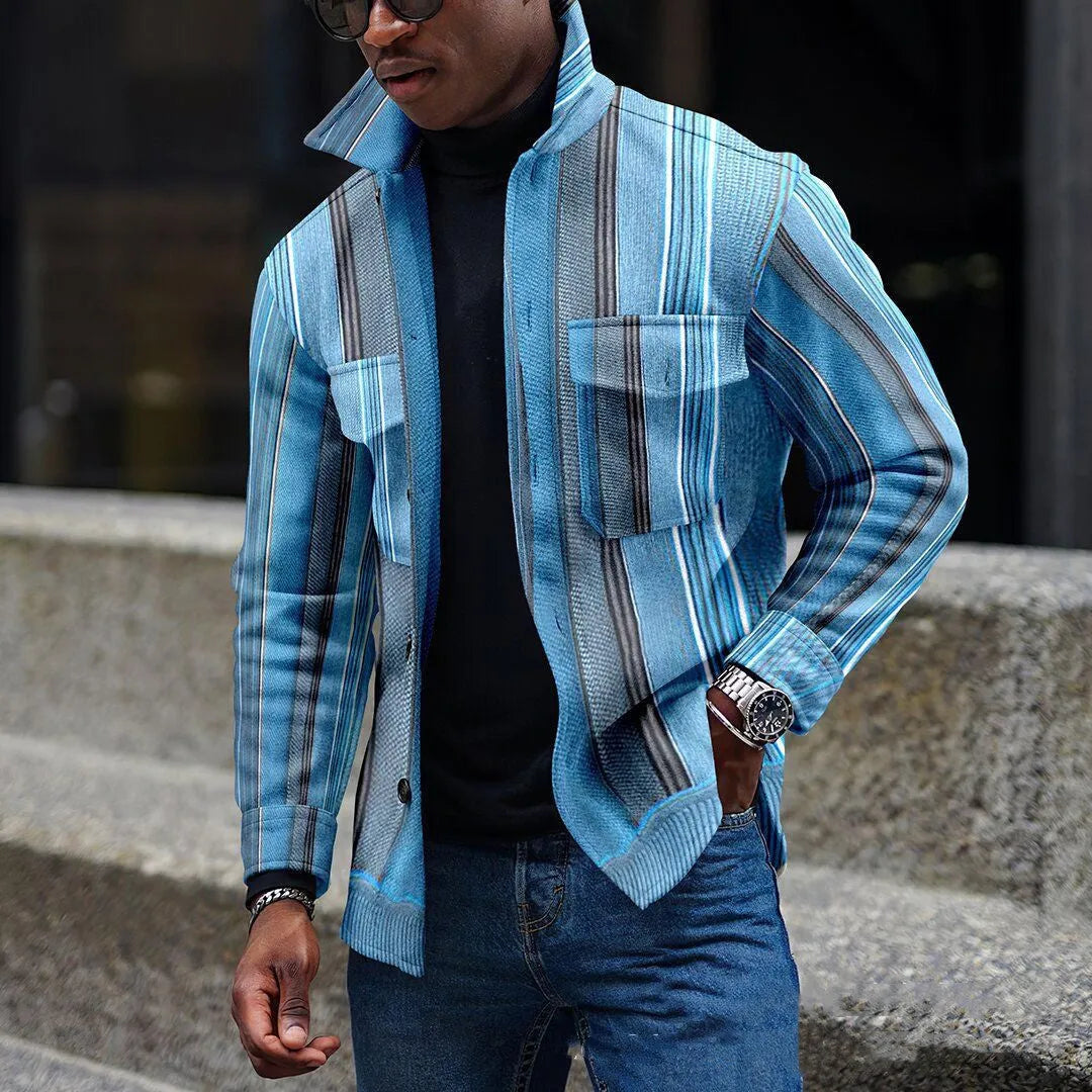 Men's casual double-breasted lapel jacket with digital print, loose fit, round hem, polyester blend, available in Black and White