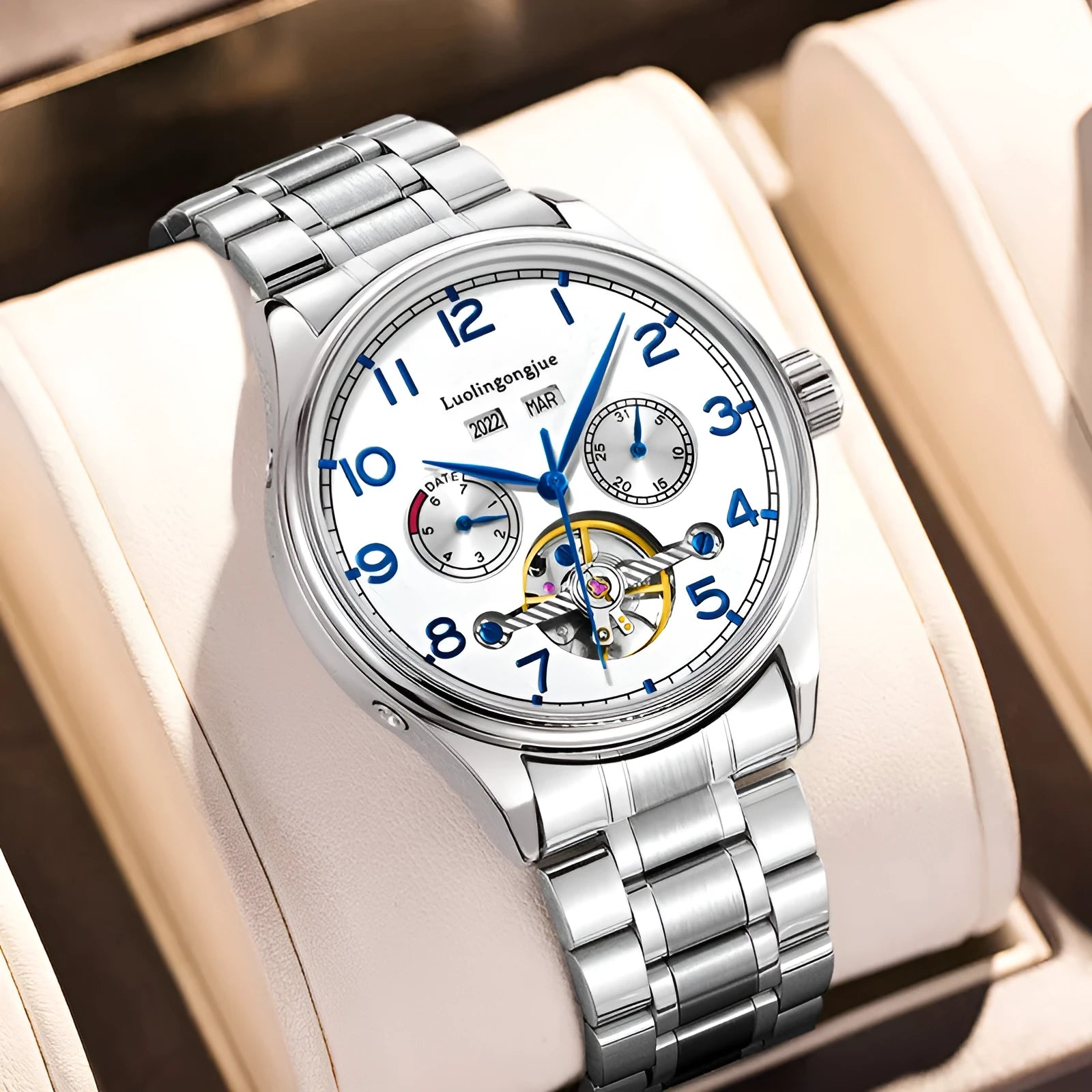 Men's stainless steel mechanical watch with leather strap and sapphire crystal glass.