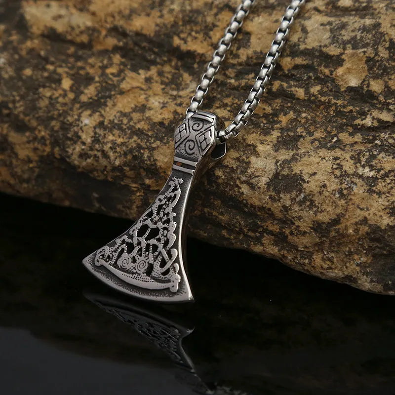 Retro men's high-end titanium steel axe pattern pendant necklace with O-link chain on white background