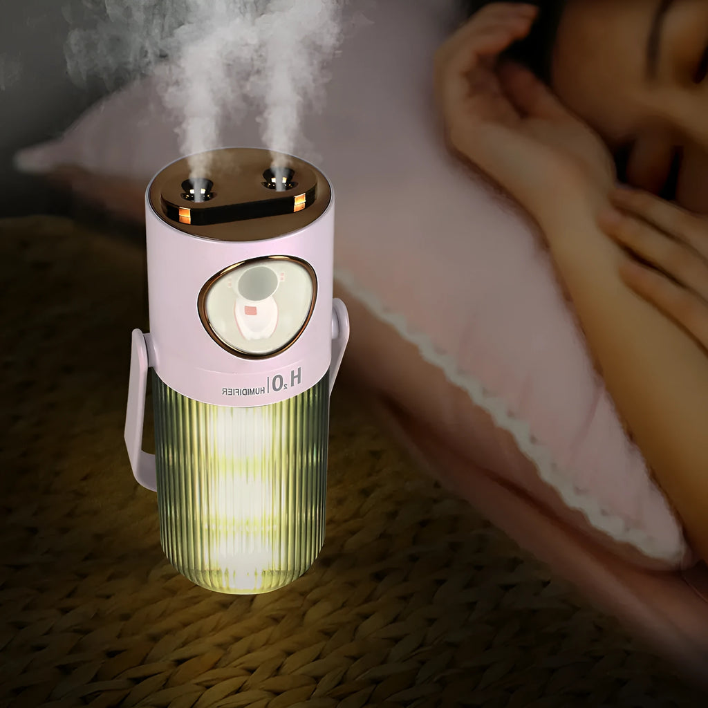 HOMEFISH cordless 300ml humidifier with 2000mAh battery in dark gray on a bedside table