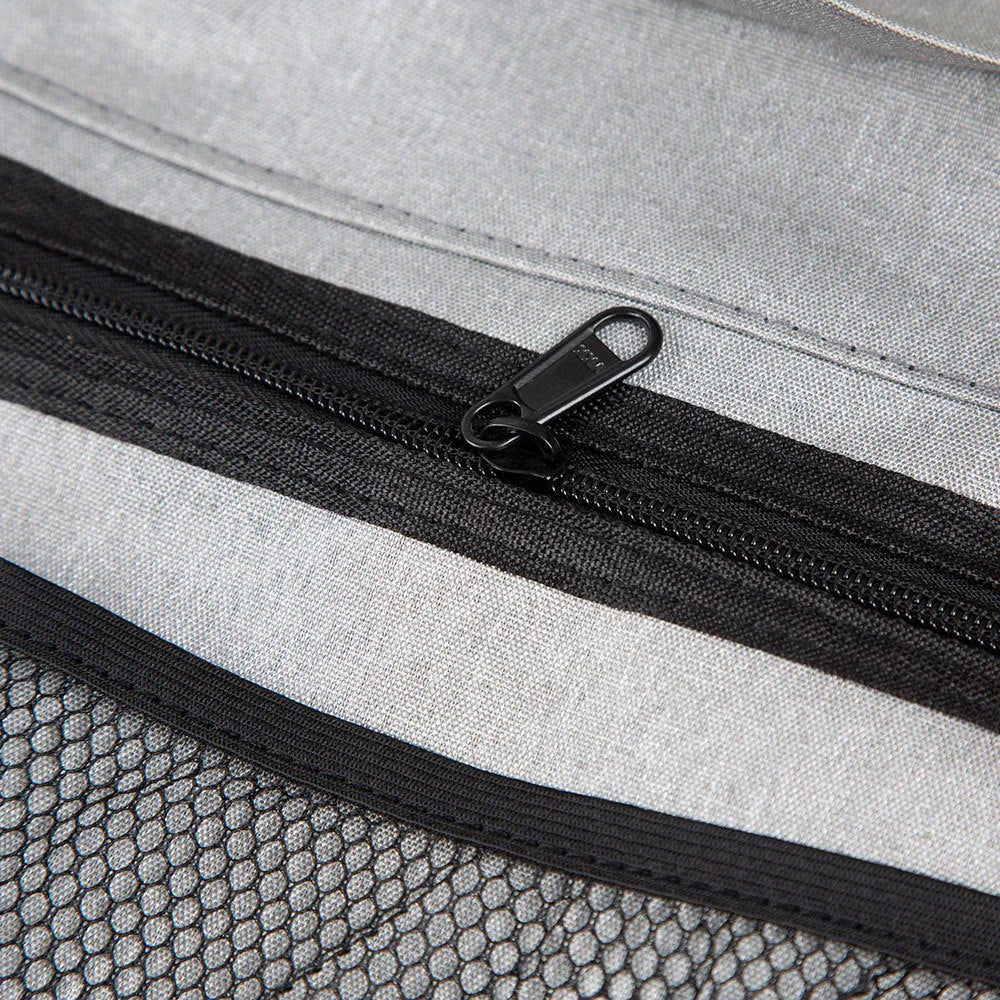 Black car boot hanging storage organiser with waterproof Oxford cloth construction and seat back attachment