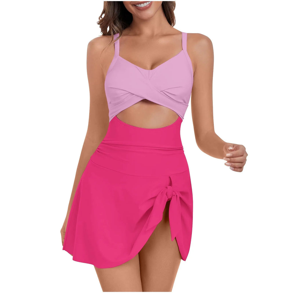 Women's strapped one-piece swimsuit in a solid colour, shown on a model, with European and American sizing.
