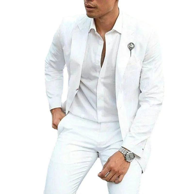 White men's slim fit two-piece wedding suit with jacket and trousers for formal ceremonies