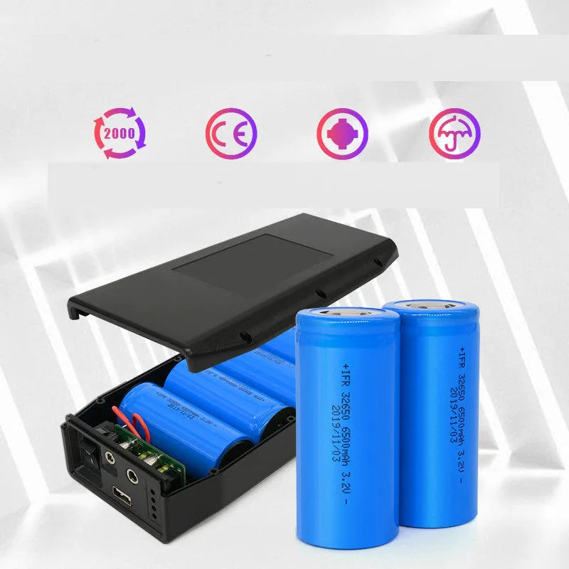 LF4100 compact 12V 76.8Wh lithium iron phosphate power bank with charger and cables.