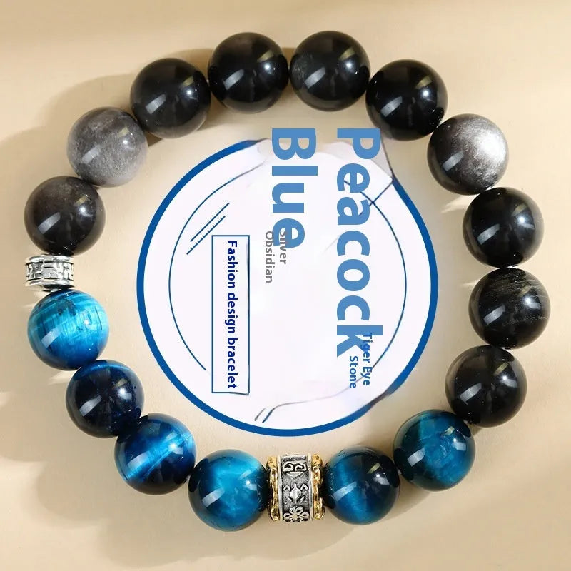 Handmade peacock blue Tigereye bracelet with silver stone accents in geometric ethnic design