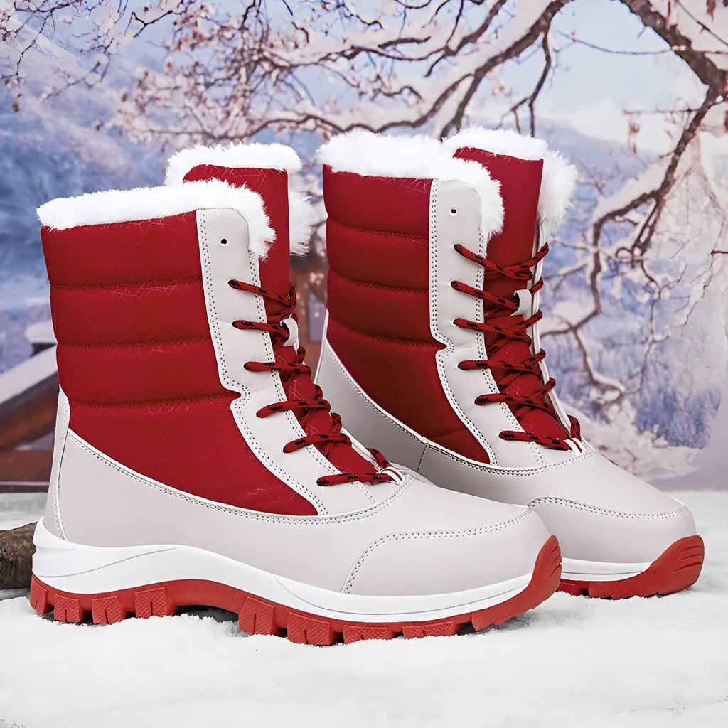 Women's fleece lined padded winter snow boots in black with rubber sole and front lace-up