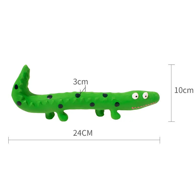 Green lizard-shaped dog chew toy with squeaker for aggressive chewers and teeth cleaning
