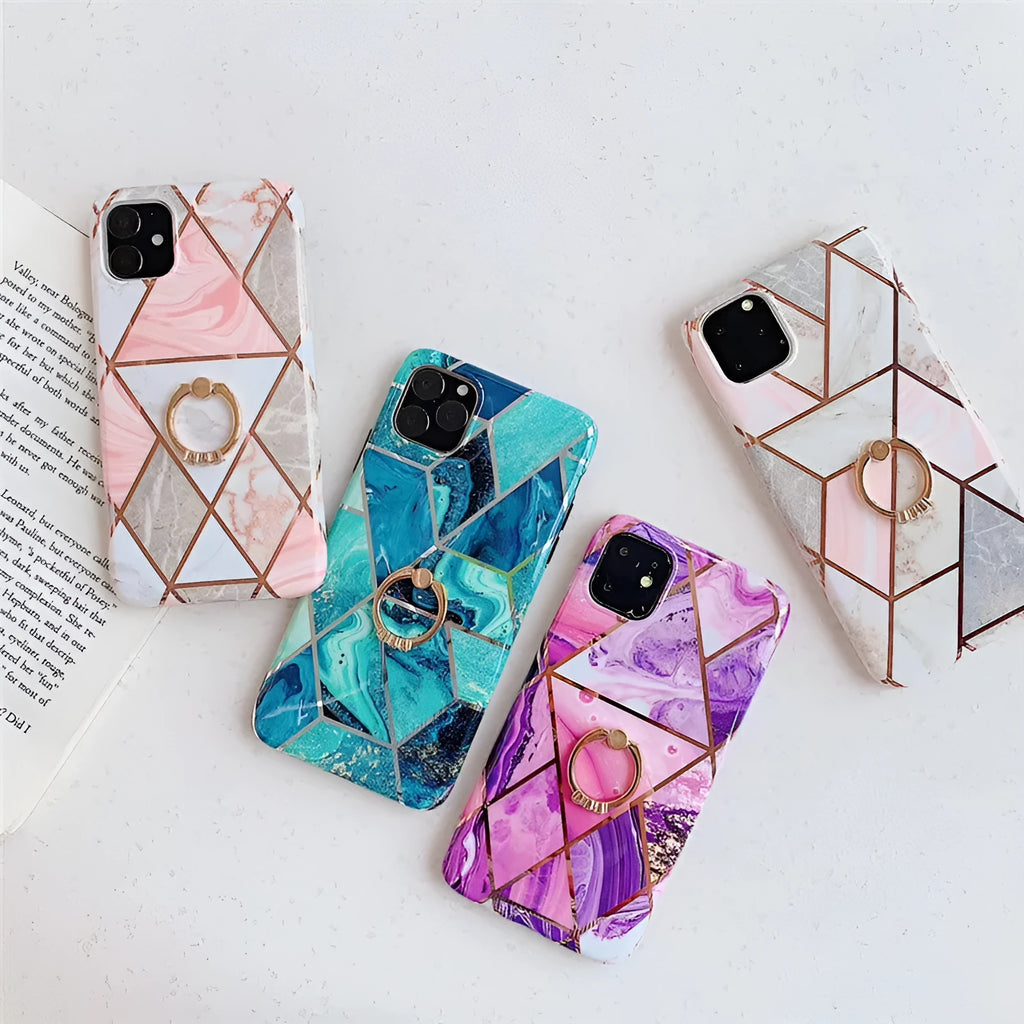 Geometric plating ring on a slim blue iPhone back cover case, showing the stand function.