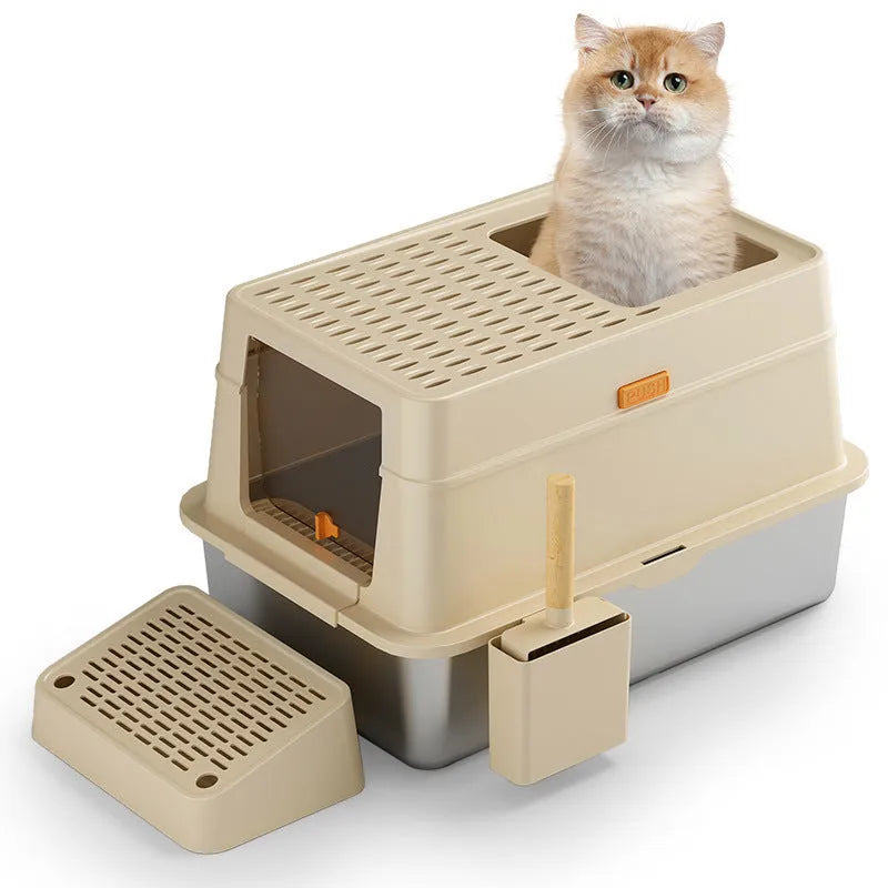 Grey fully enclosed cat litter box with pedal entrance