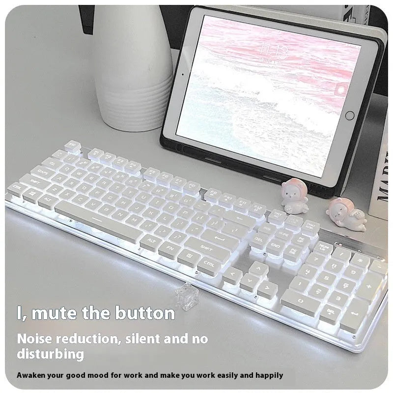 Button Mute wired mechanical keyboard with backlit keys on a desk, showing colour options.