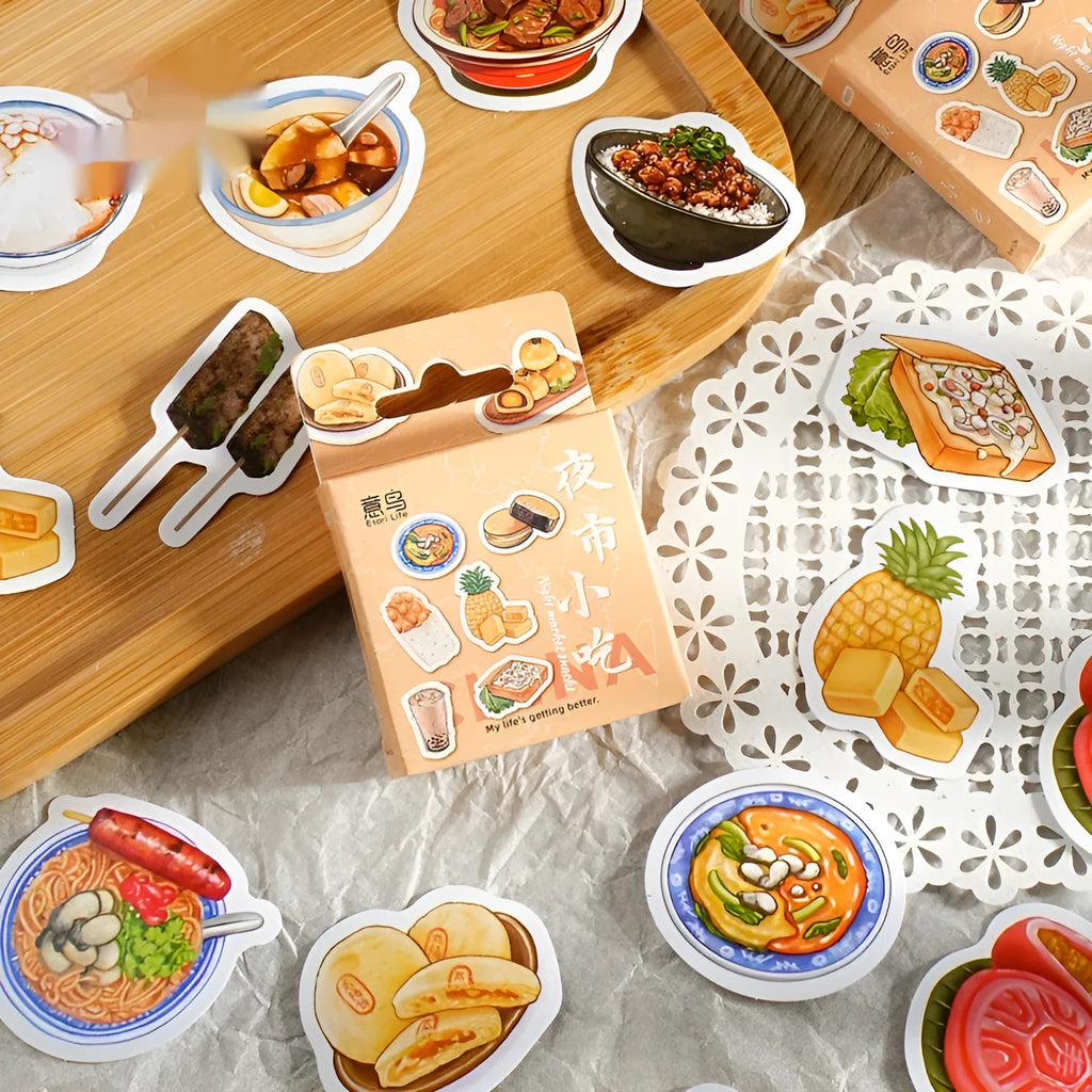 Box-packed Night Market snacks retro style printed adhesive sticker set with 46 pieces