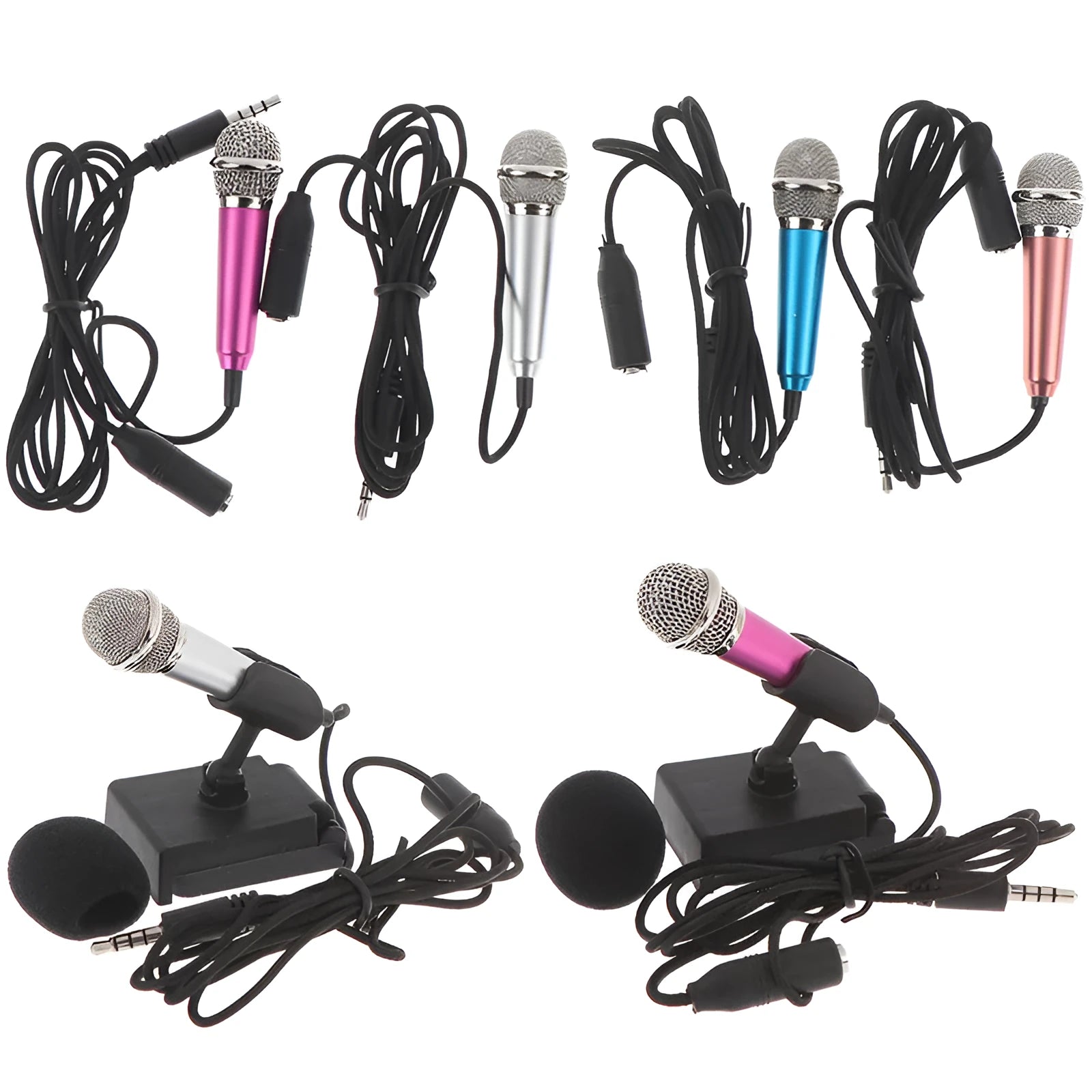Portable 3.5mm mini studio microphone in rose gold with sponge head and stand for karaoke