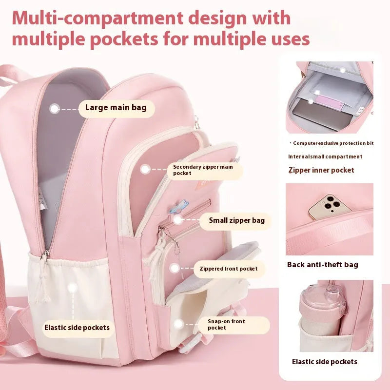 Waterproof Oxford cloth school backpack for girls with curved shoulder straps in six colour options