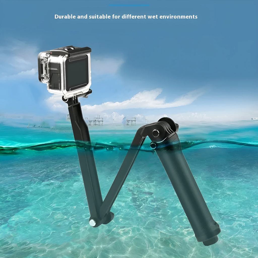 Black portable folding tripod bracket for GoPro Hero action cameras shown in open and closed positions