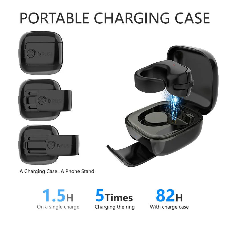 Bluetooth remote control ring in Stone Black with Type-C charging cable, on a white background