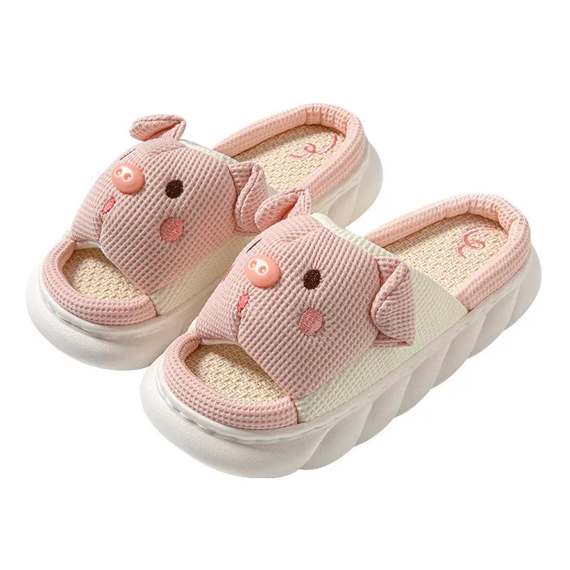 Pair of open-toe linen flip-flop slippers for couples on a plain background, showing colours and strap detail.