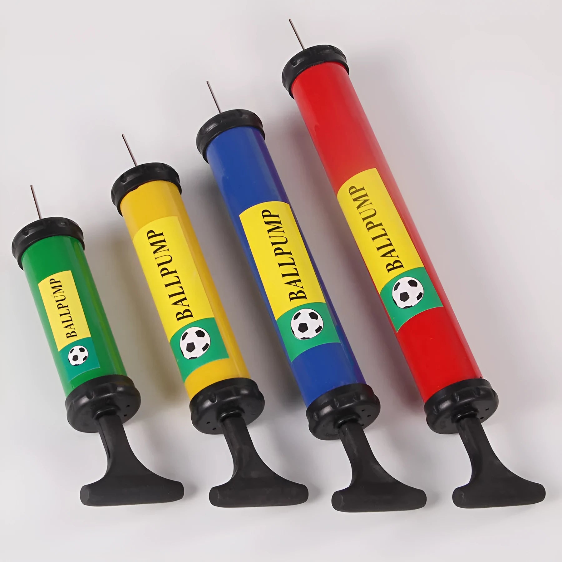 Manual plastic pump for sports balls and balloons in mixed colours with high-pressure charging cylinder