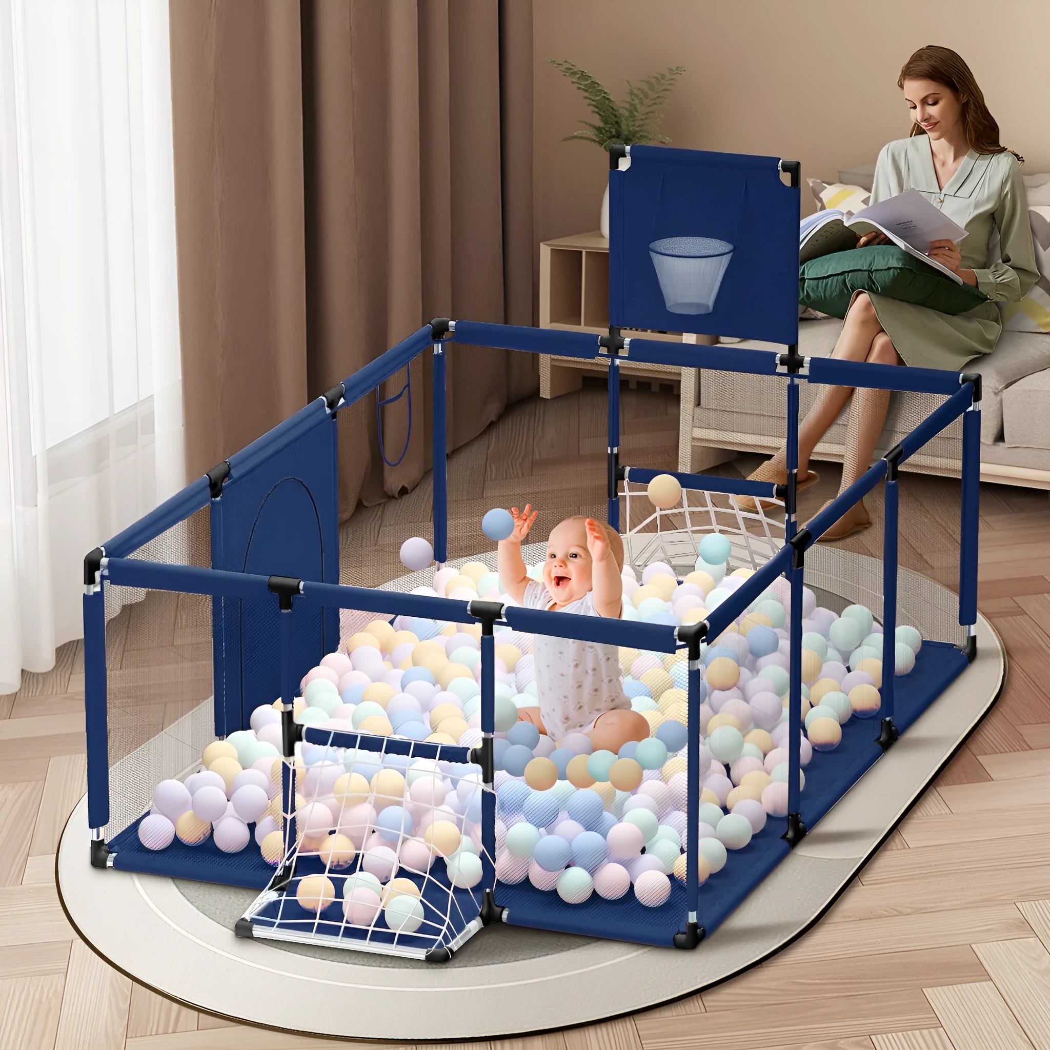 Children's playpen tent with steel frame and fabric walls in nursery setting