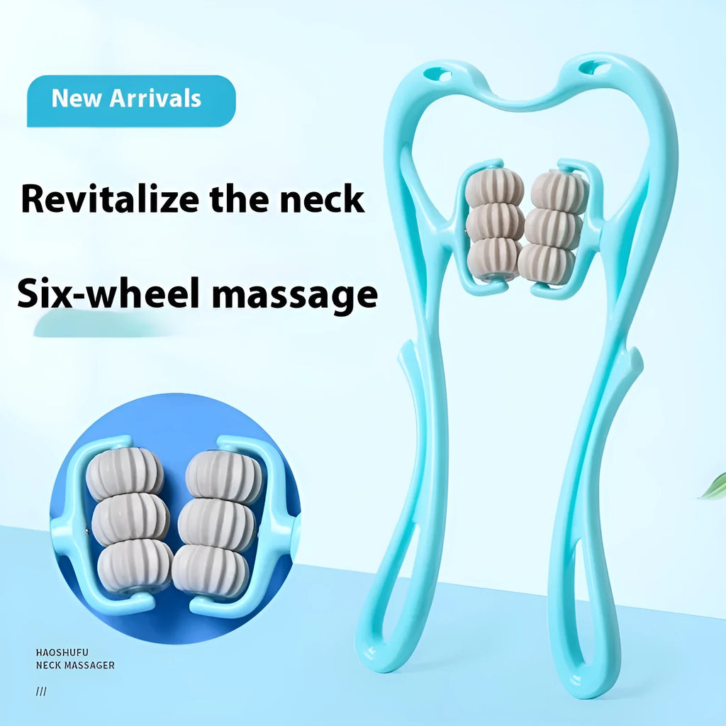 Blue plastic handheld six-wheel manual massager for neck, shoulder, and waist.