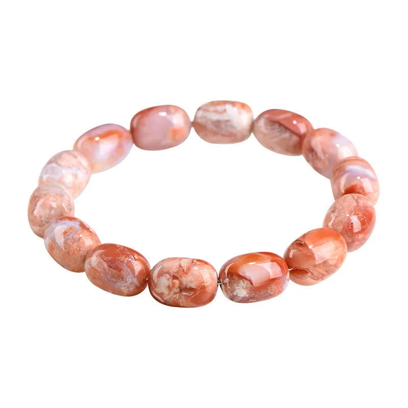 Natural cherry agate barrel bead bracelet with Ruyi charm showing 10x14mm beads