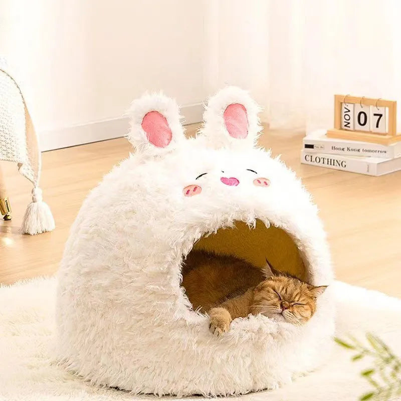Semi-enclosed yurt-style cat litter kennel tent with plush fleece cover in a home setting.