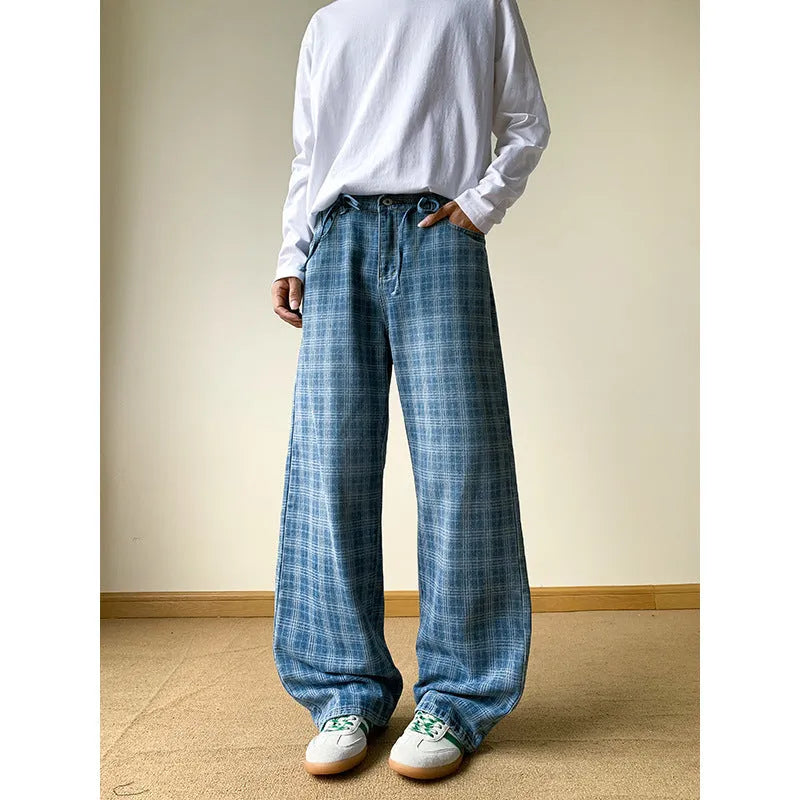 Retro blue plaid wide-leg skinny jeans showing straight-leg cut and zip fly