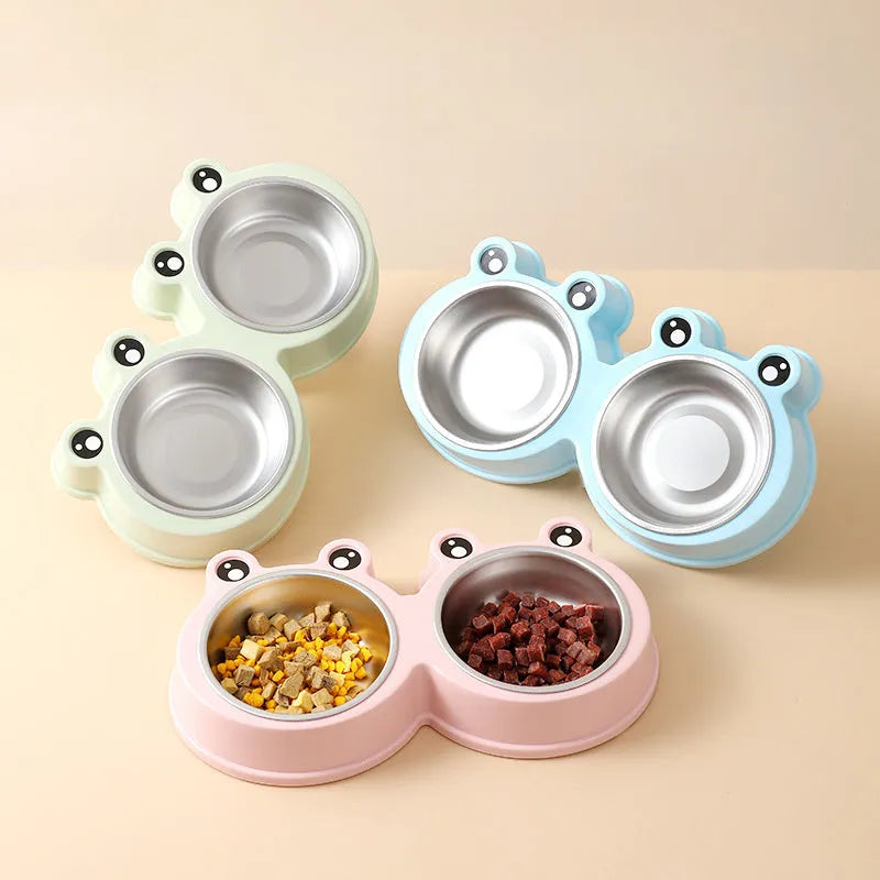 Blue stainless steel double pet bowl for cats and dogs with non-slip rubber base.