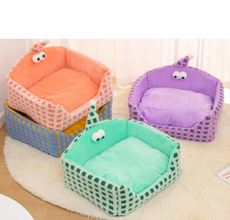 Triangular pet sleeping nest with removable sponge insert in green, purple and yellow colour options