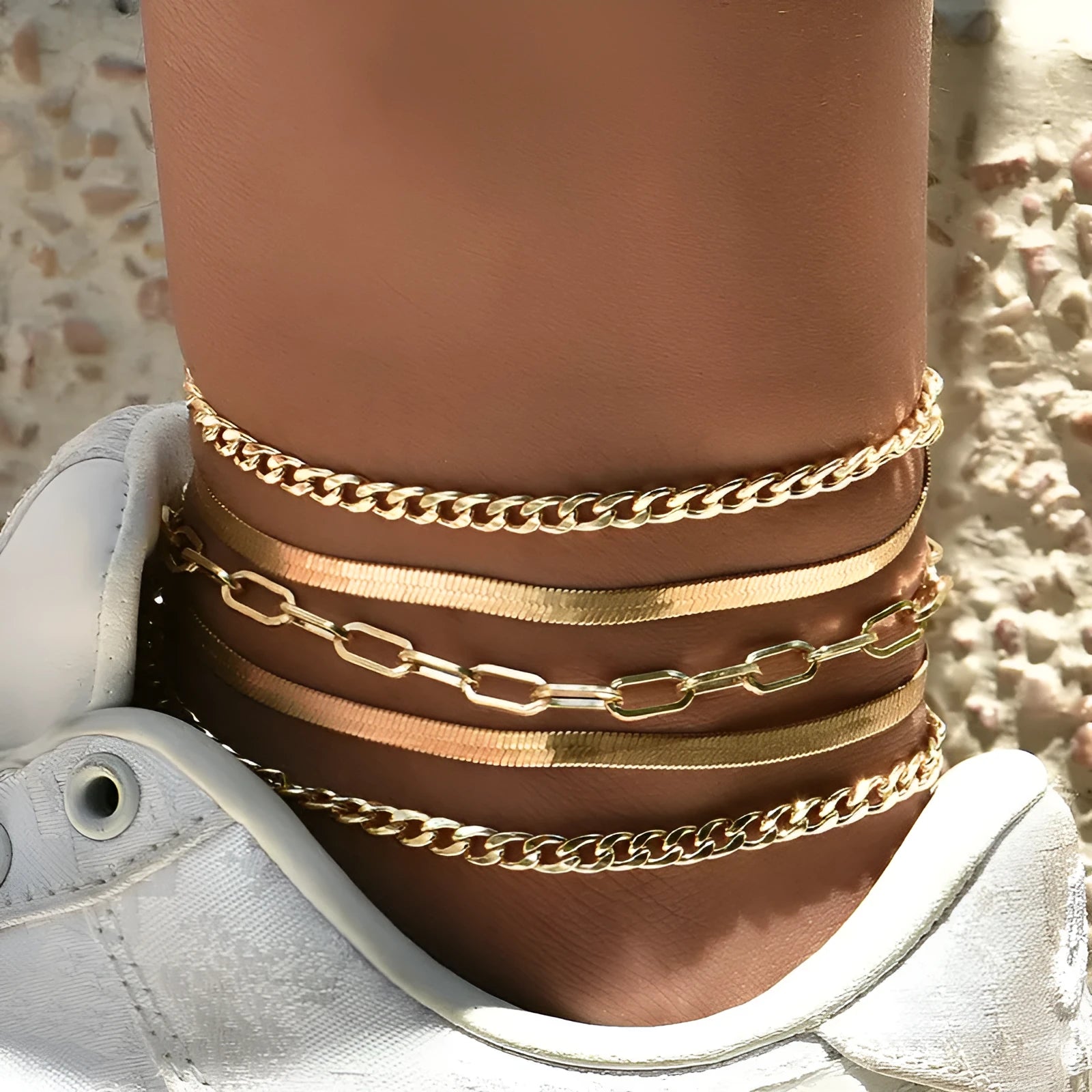 Women's multi-layer metal chain anklet set gold and silver 5 pieces 22cm length