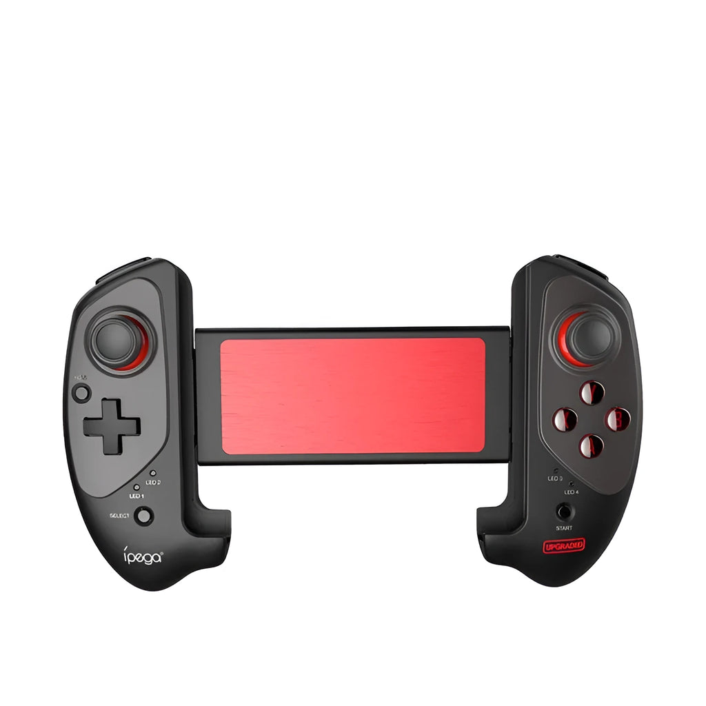 Red telescopic gamepad controller showing USB port and mobile device holder