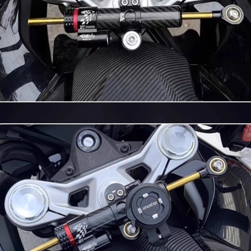 Directional damper bracket motorcycle modification kit with carbon fibre construction and titanium bracket
