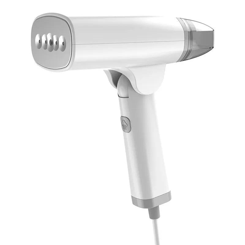 Blue and white handheld garment steamer with power cord and water tank.