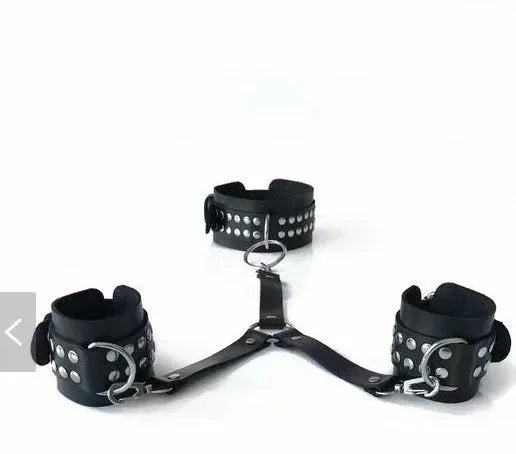 Black leather back handcuffs restraint toy for adult flirting and role play