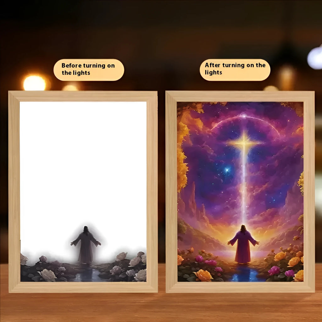 Cross Redemption modern rectangle LED light painting photo frame with illuminated artwork on man-made board