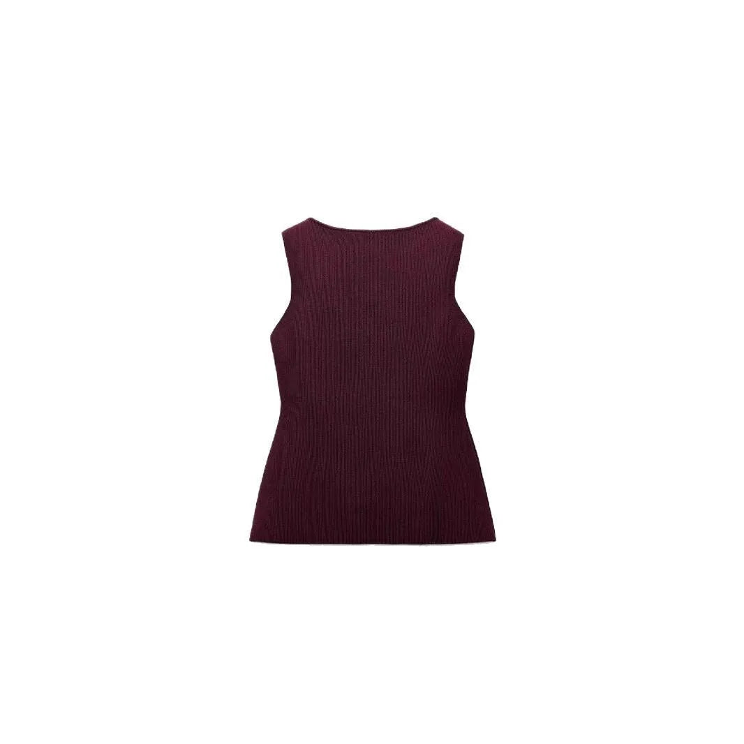 Dark red slim fit sweater vest with gold buttons and 3D pattern on mannequin