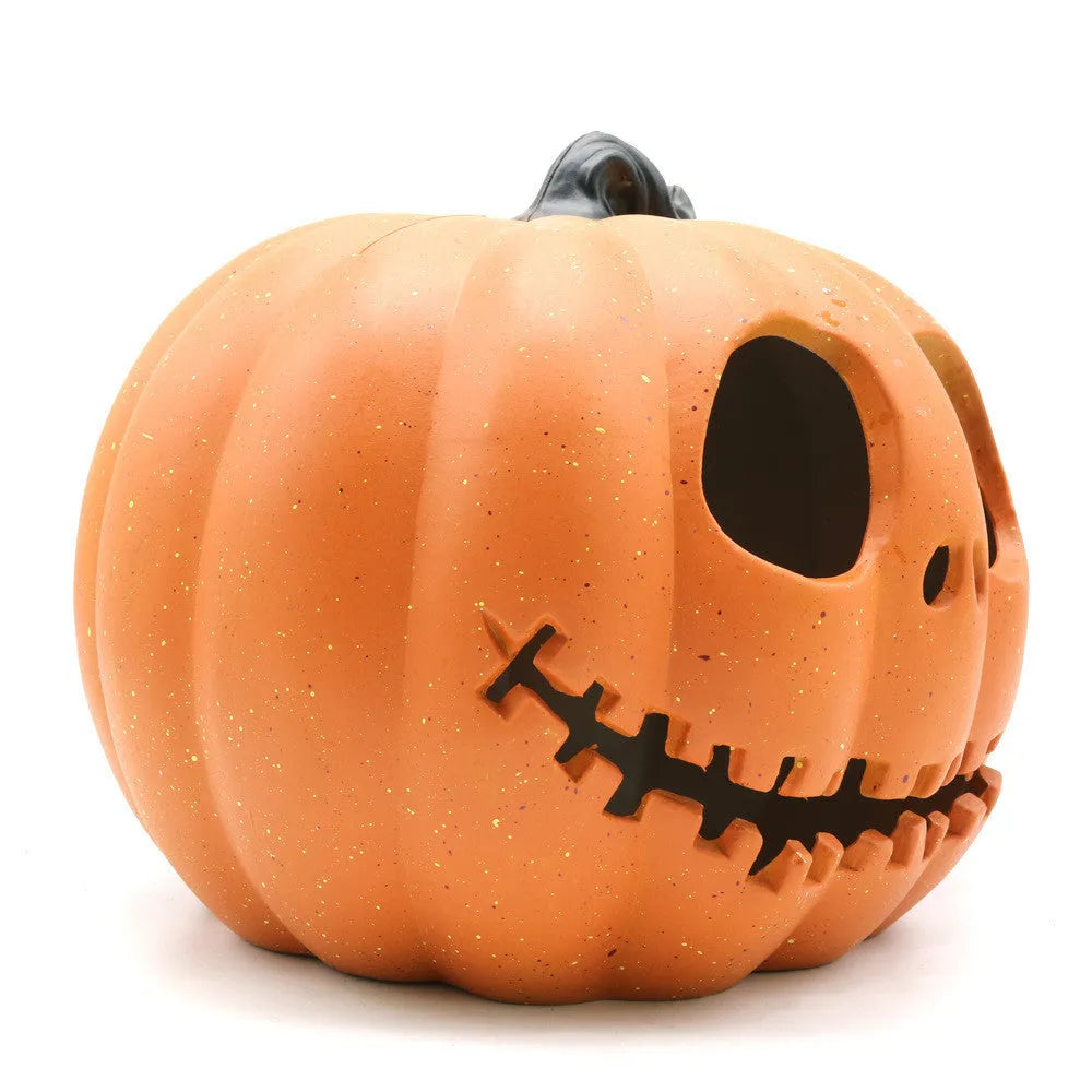 Yellow resin Halloween pumpkin lantern with skull hooded hollow-out design, 23x19cm, for party or yard decoration