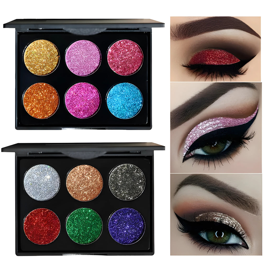 Sequin eye shadow tray with 6 colours in a 10 cm by 7.8 cm by 0.9 cm palette