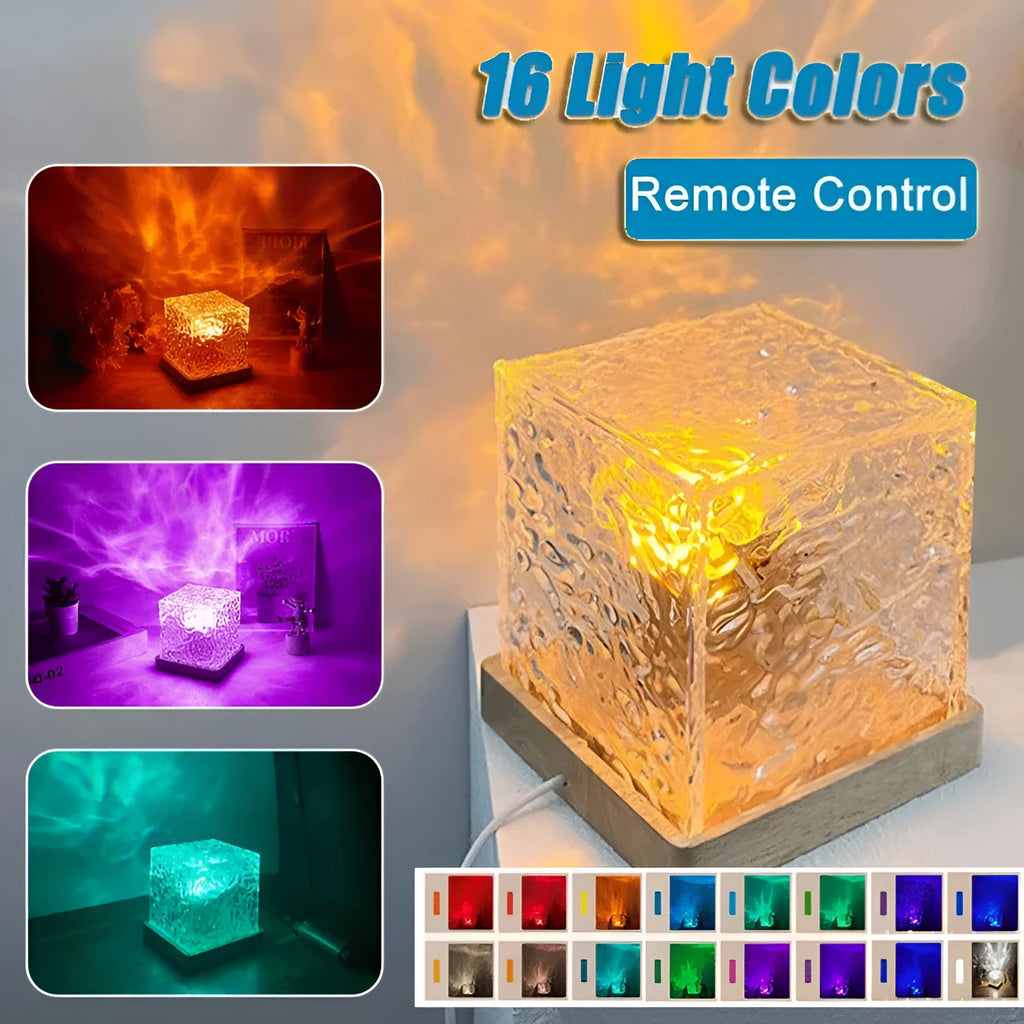Water ripple crystal table lamp projecting coloured light patterns on wall